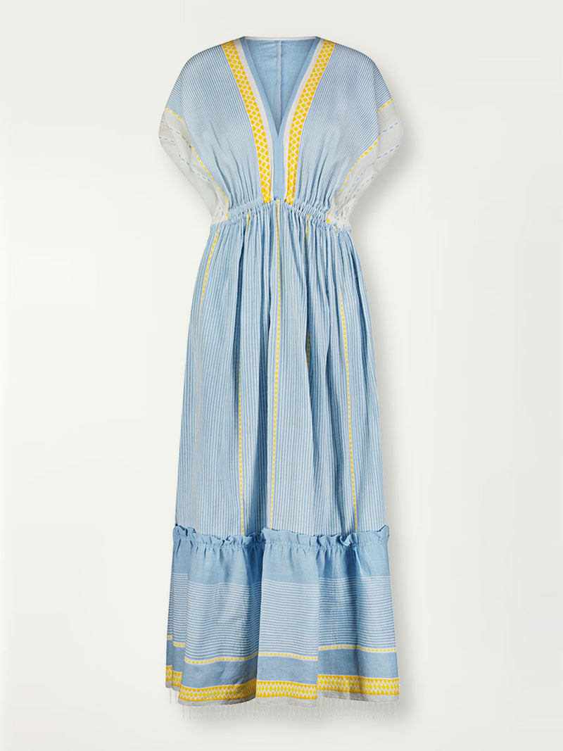 Product shot of the front of the Jemari Plunge Neck Dress in sky blue featuring yellow and orange diamond patterns