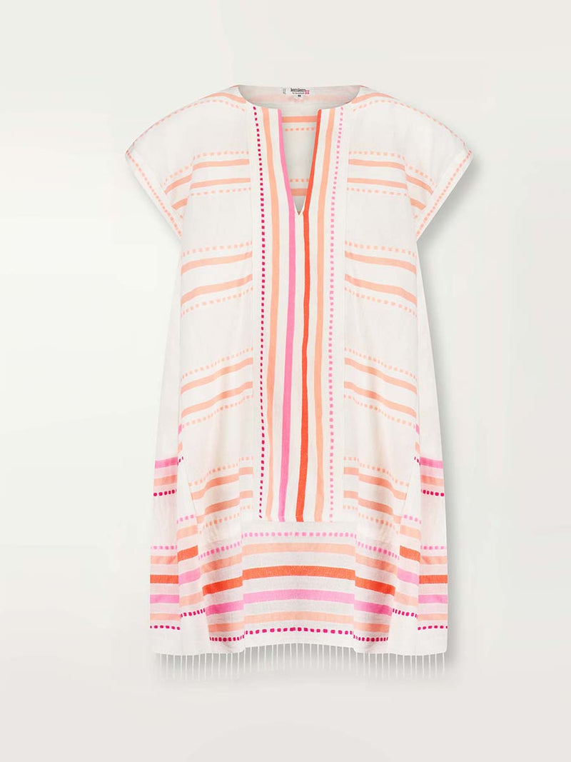 Product shot of the front of the Eshe Caftan Dress in pink featuring pink stripes and dots pattern.