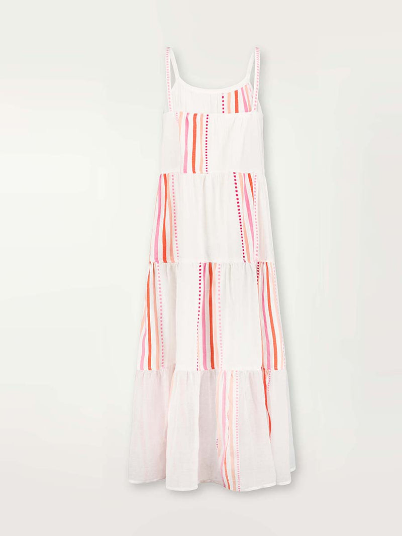 Product shot of the front of the Eshe Cascade Dress in pink featuring pink stripes and dots pattern.