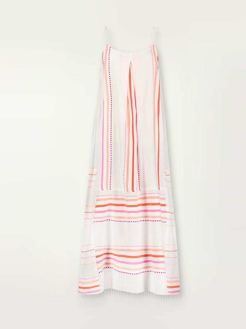 product-shot front of  the Eshe Slip Dress in pink featuring pink stripes and dots pattern.