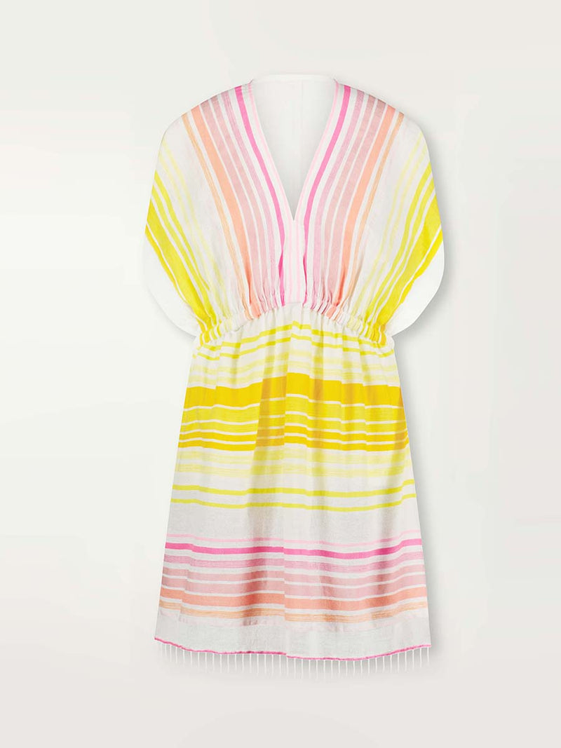 Product shot of the front of the Jamila Short Plunge Dress featuring shades of yellow and pink stripes on white foreground.