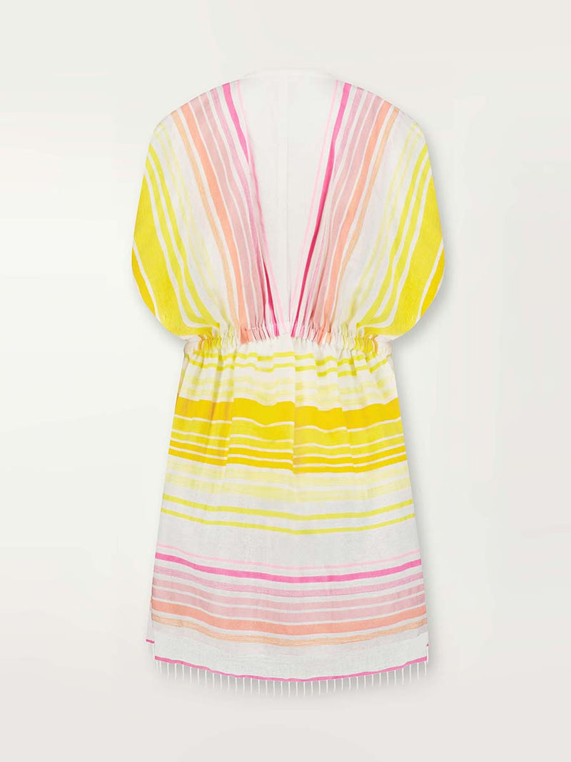Product shot of the back of the Jamila Short Plunge Dress featuring shades of yellow and pink stripes on white foreground.