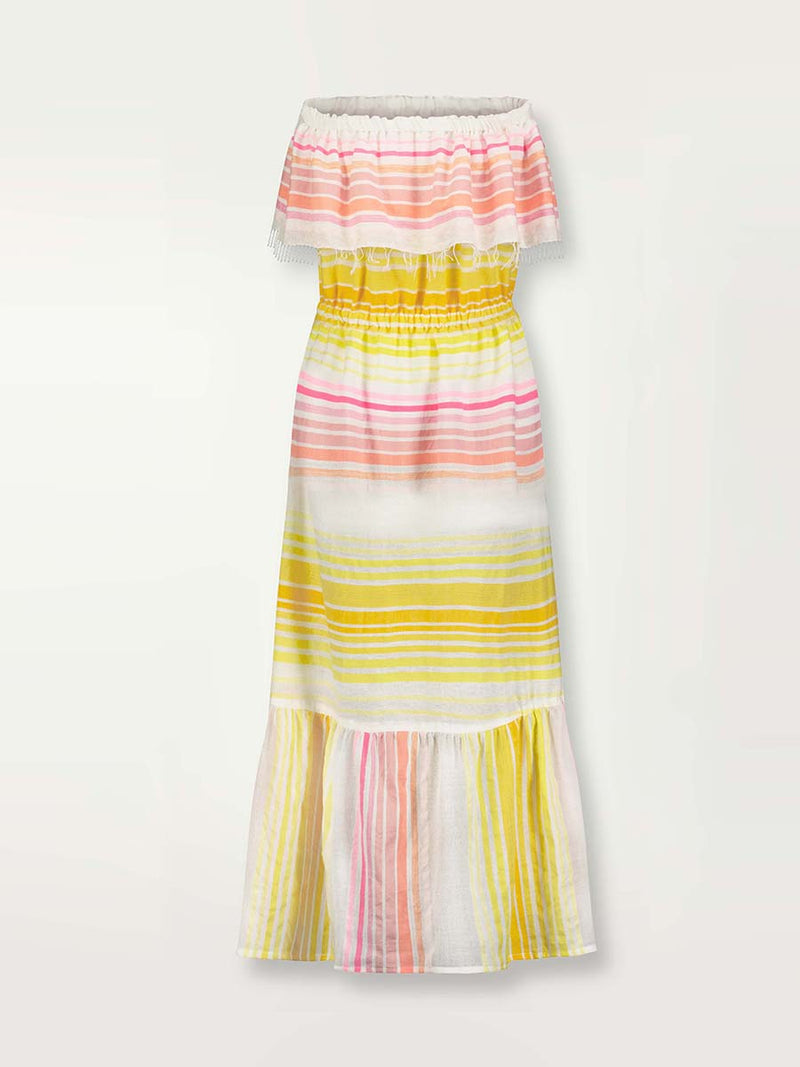 Product shot of the back of the Jamila Beach Dress featuring shades of yellow and pink stripes on white foreground.