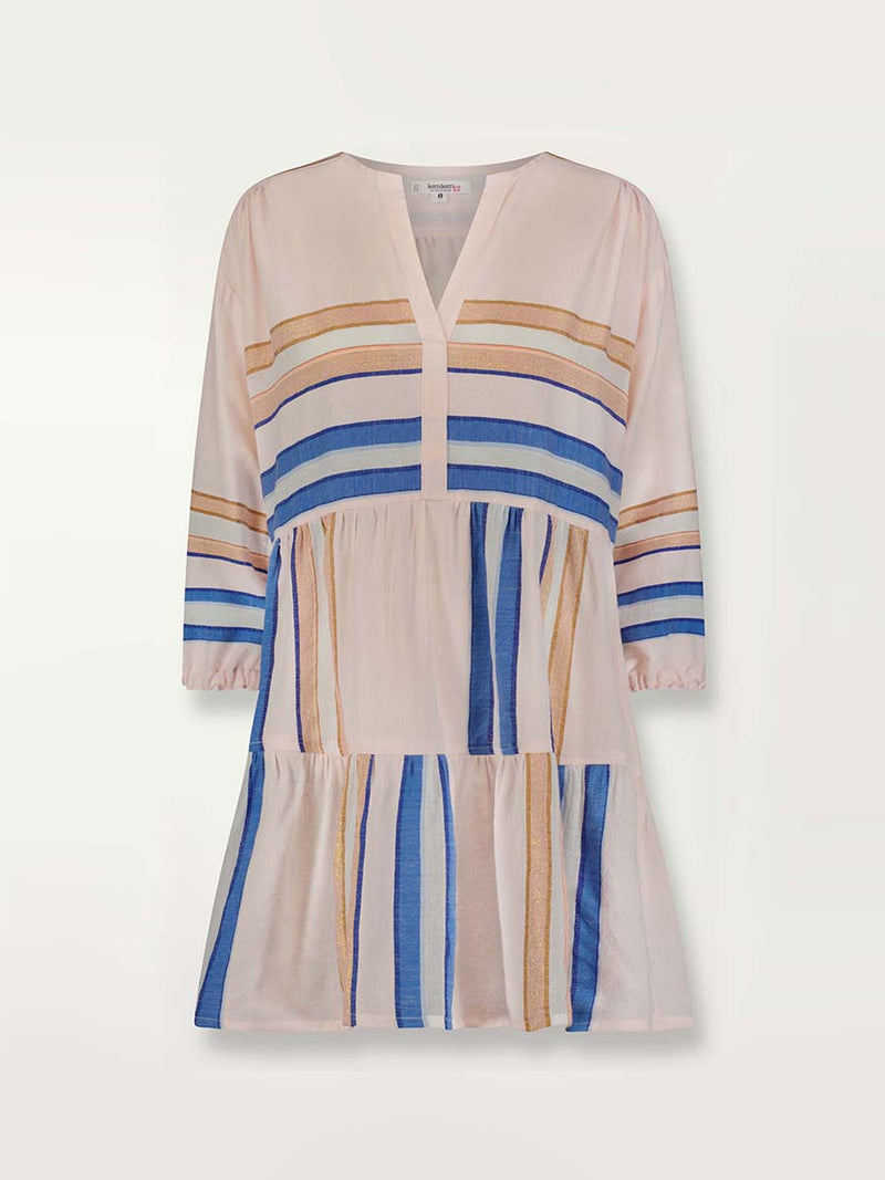 Product shot of the front of the Eskedar Popover Dress in Seashell featuring blue, white, brown, nude and gold lurex stripes