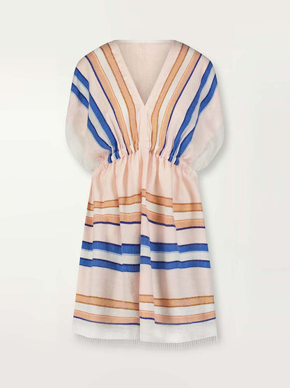 Product shot of the front of the Eskedar Short Plunge Neck Dress in Seashell featuring blue, white, brown, nude and gold lurex stripes