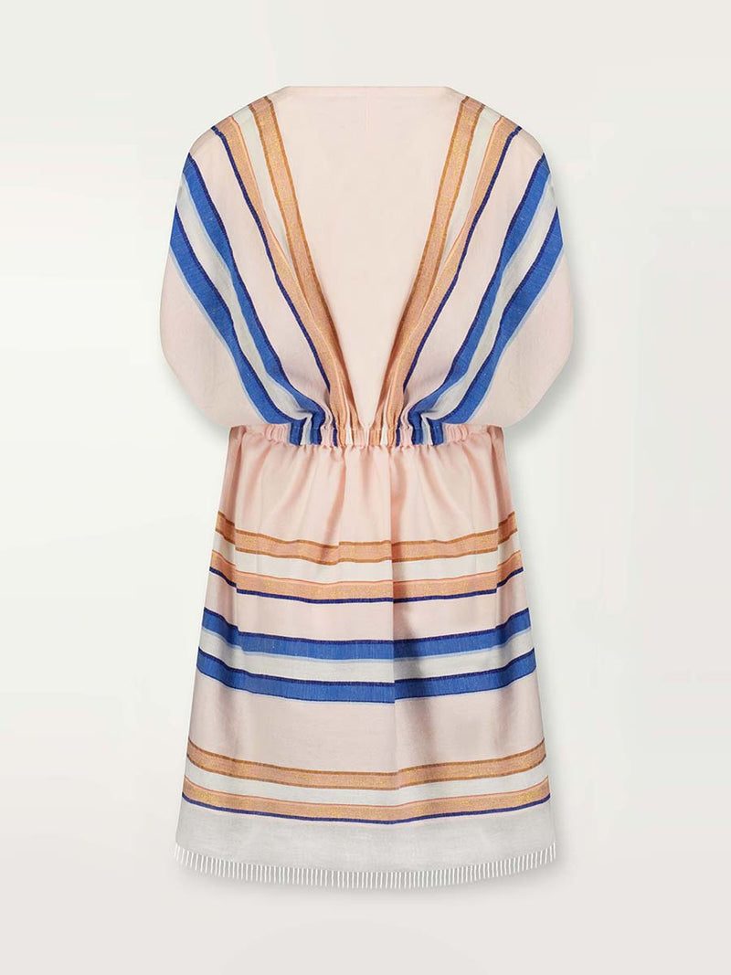 Product shot of the back of  the Eskedar Short Plunge Neck Dress in Seashell featuring blue, white, brown, nude and gold lurex stripes
