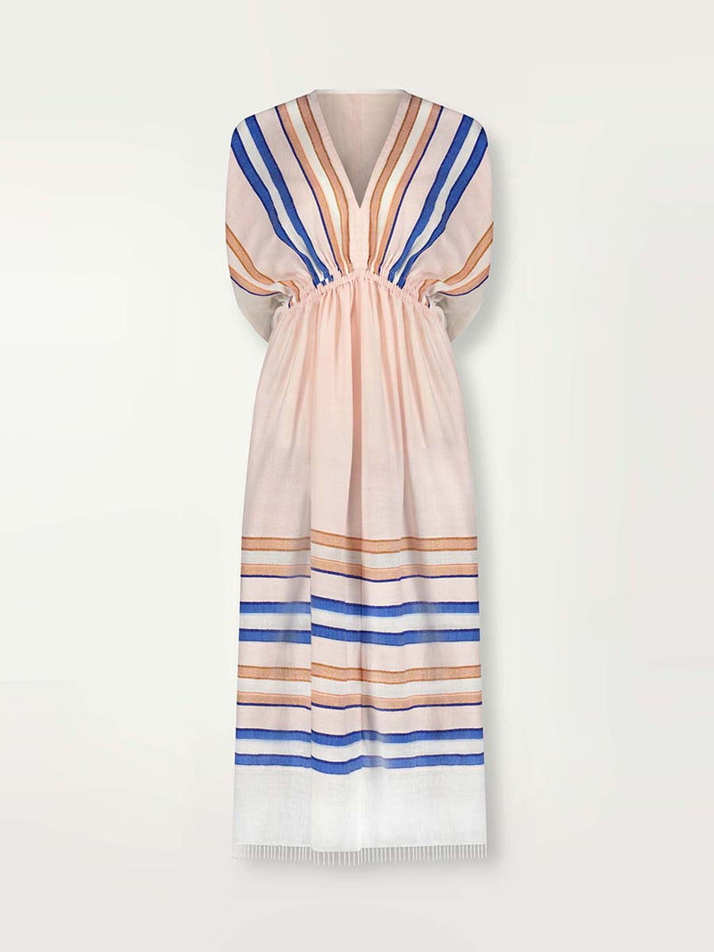 Product shot of the front of  the Eskedar Plunge Neck Dress in Seashell featuring blue, white, brown, nude and gold lurex stripes