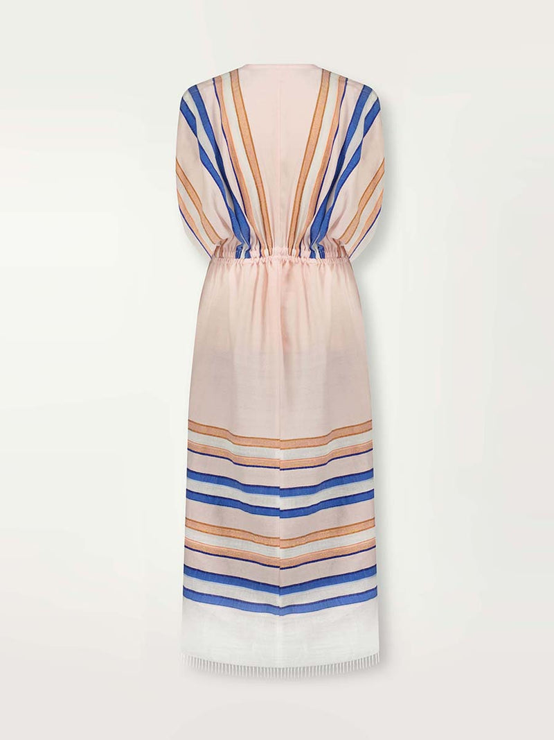 Product shot of the back of  the Eskedar Plunge Neck Dress in Seashell featuring blue, white, brown, nude and gold lurex stripes