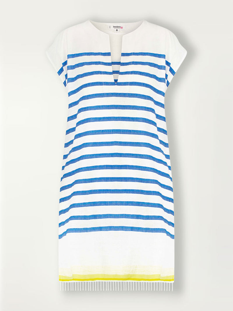 Product shot of the front of the Hirut Tunic Dress in Blue featuring blue stripes on white foreground and yellow degrade stripes at the bottom hem.