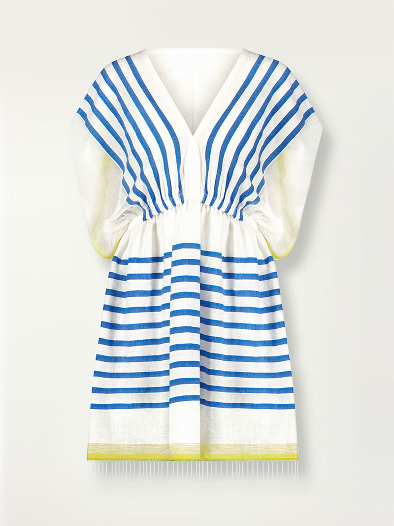 Front product shot of the Hirut Short Plunge Neck Dress in Blue featuring blue stripes on white foreground and yellow degrade stripes at the edges.