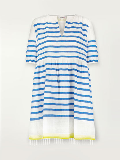 Product shot of the front of the the Hirut Popover Dress in Blue featuring blue stripes on white foreground and yellow degrade stripes across the top back and bottom hem.