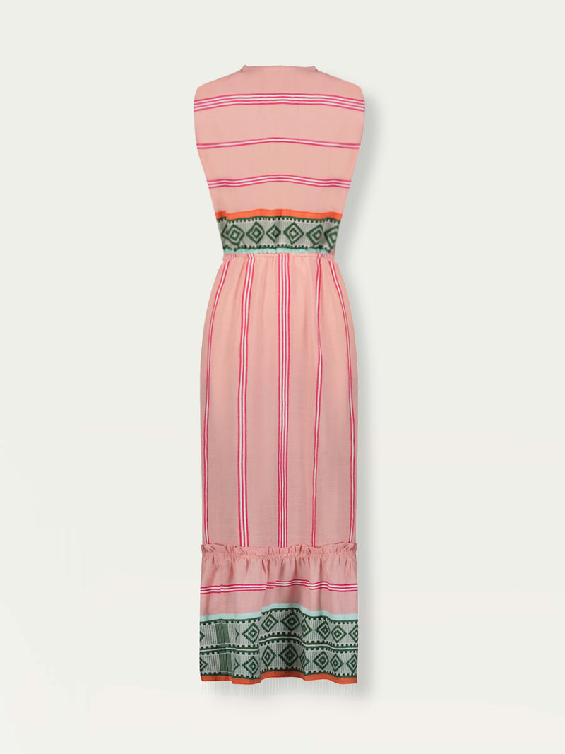 Product shot of the back the Rosa Sleeveless Plunge Neck Dress featuring architectural details and geometric border patterns woven on a soft pink background.