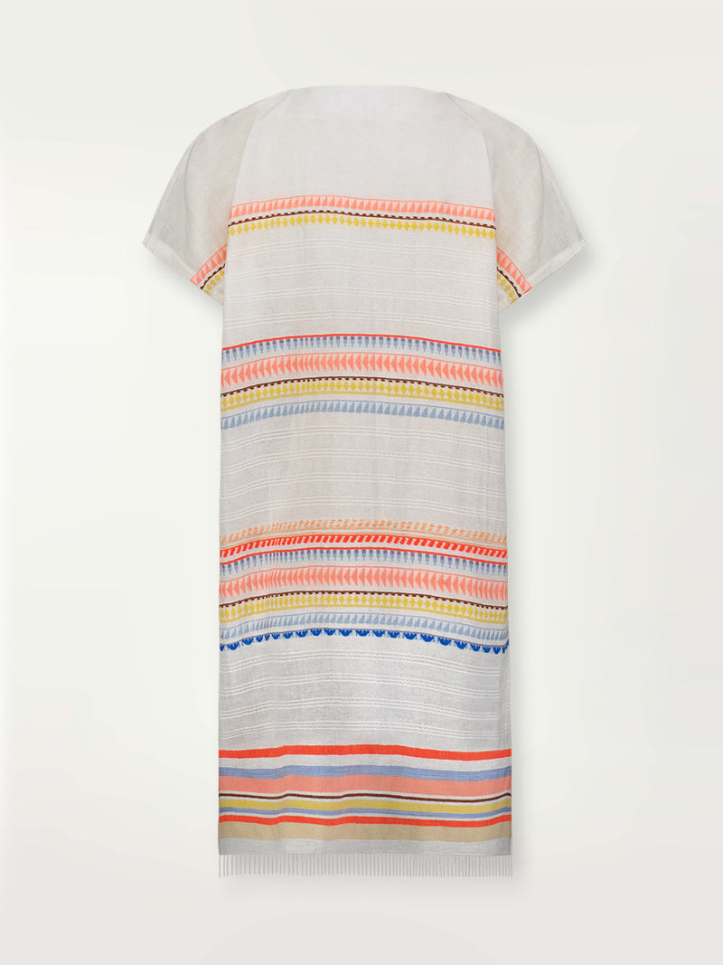 Product shot of the back the Bekah Tunic Dress featuring 10 tutti frutti colors embroidered on a white background.  