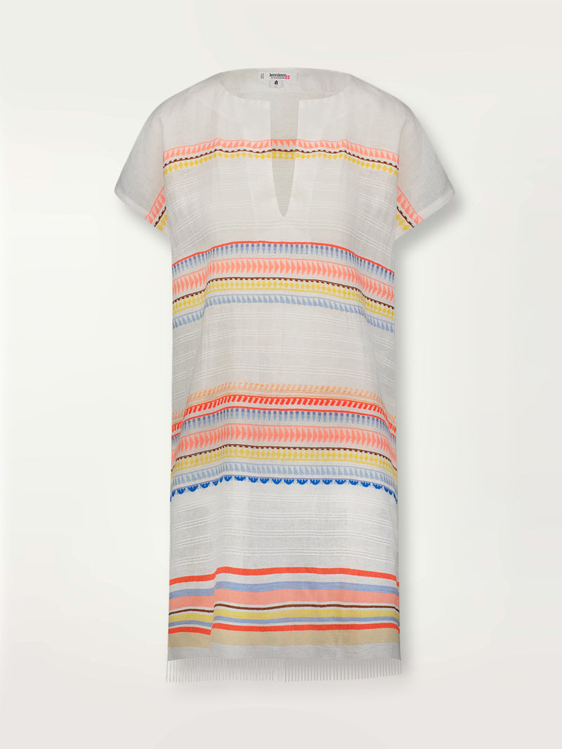 Product shot of the Bekah Tunic Dress featuring 10 tutti frutti colors embroidered on a white background.  