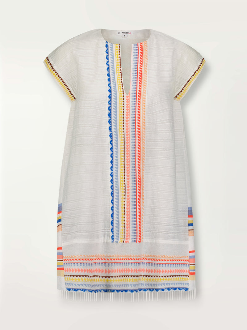 Product shot of the Bekah Caftan Dress featuring 10 tutti frutti colors embroidered on a white background.  