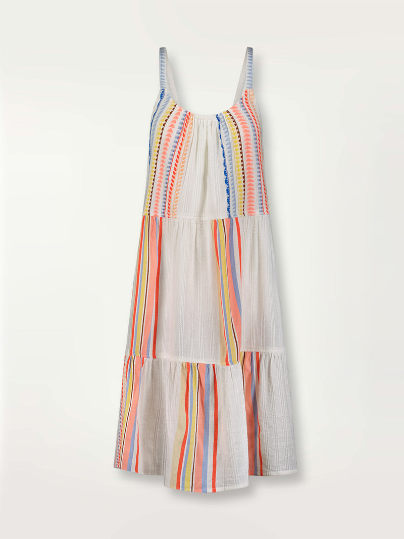 Product shot of the Bekah Midi Cascade Dress featuring 10 tutti frutti colors embroidered on a white background.  