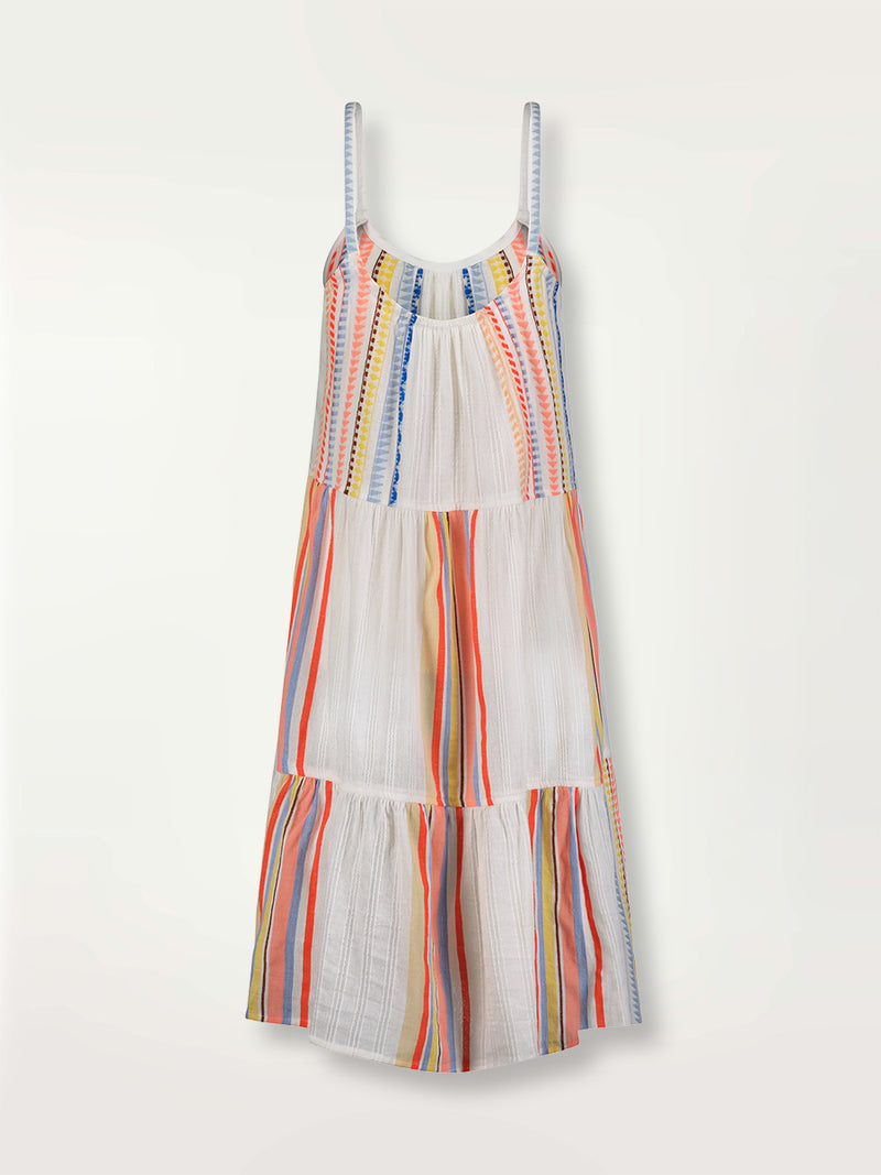 Product shot of the back the Bekah Midi Cascade Dress featuring 10 tutti frutti colors embroidered on a white background.  
