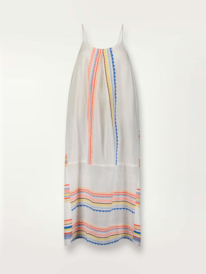Product shot of the Bekah Slip Dress featuring 10 tutti frutti colors embroidered on a white background.  
