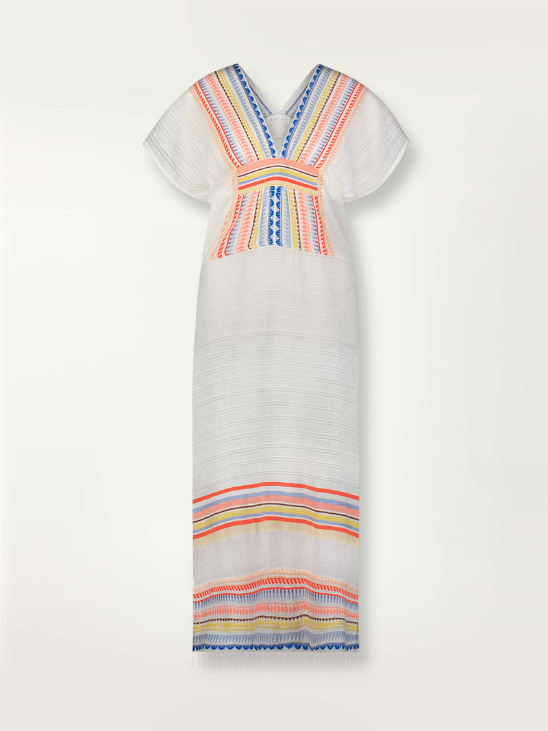 Product shot of the Bekah Long Caftan Dress featuring 10 tutti frutti colors embroidered on a white background.  