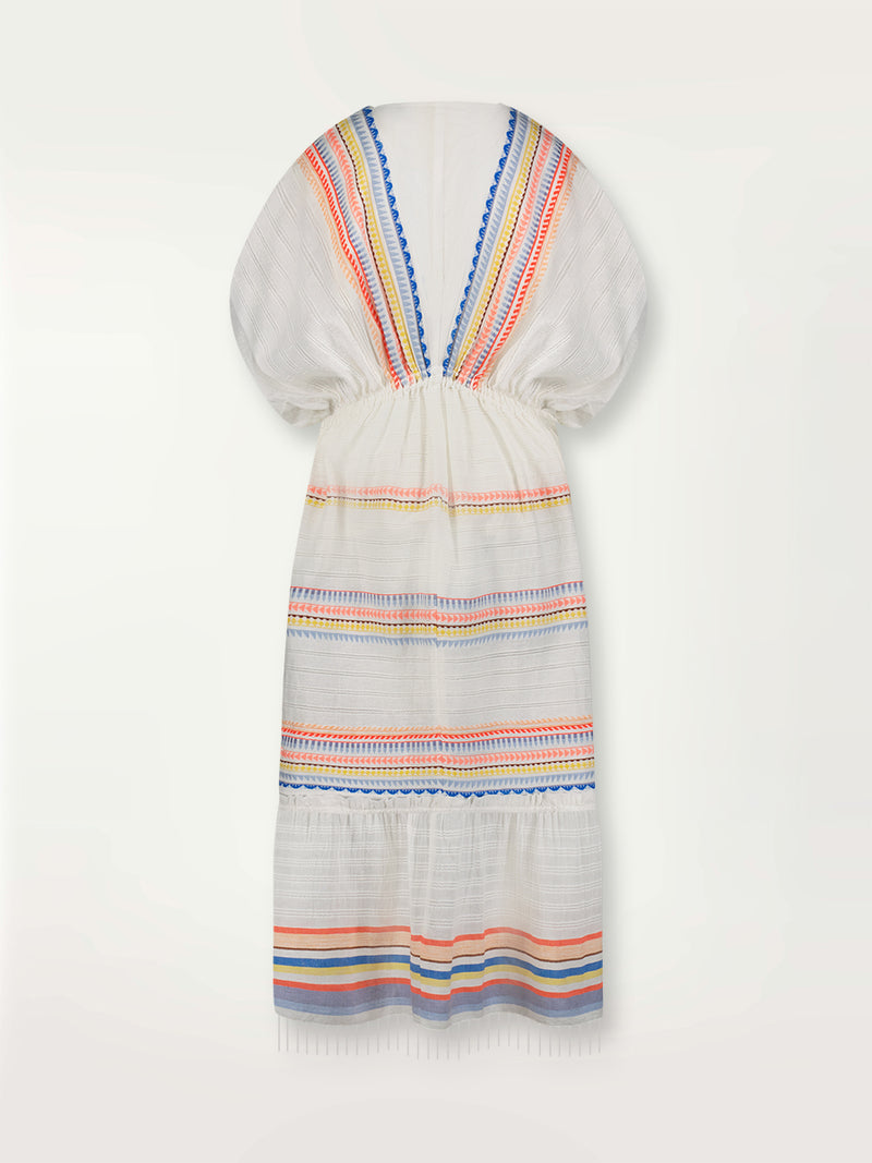 Product shot of the back the Bekah Plunge Neck Dress featuring 10 tutti frutti colors embroidered on a white background.  