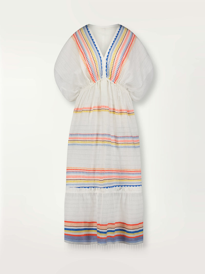 Product shot of the Bekah Plunge Neck Dress featuring 10 tutti frutti colors embroidered on a white background.  