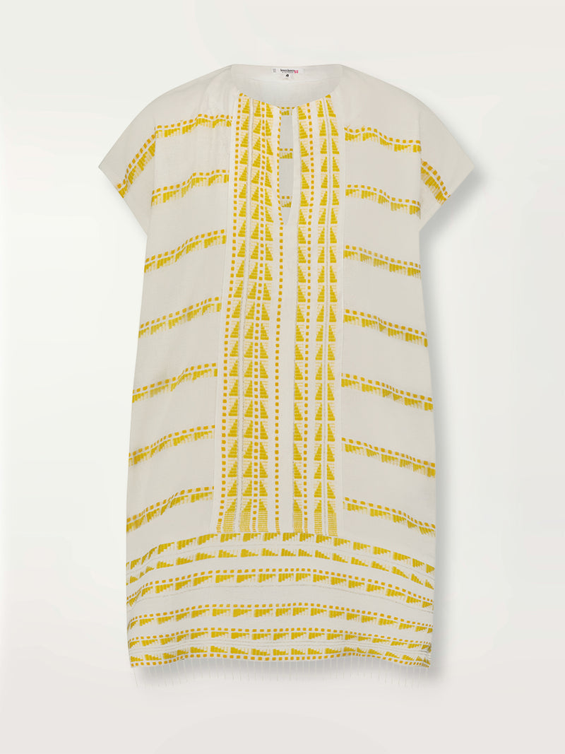 Product shot of the Abeba Tunic Dress featuring the yellow signature Tibeb pattern and gold lurex highlights on a white background.