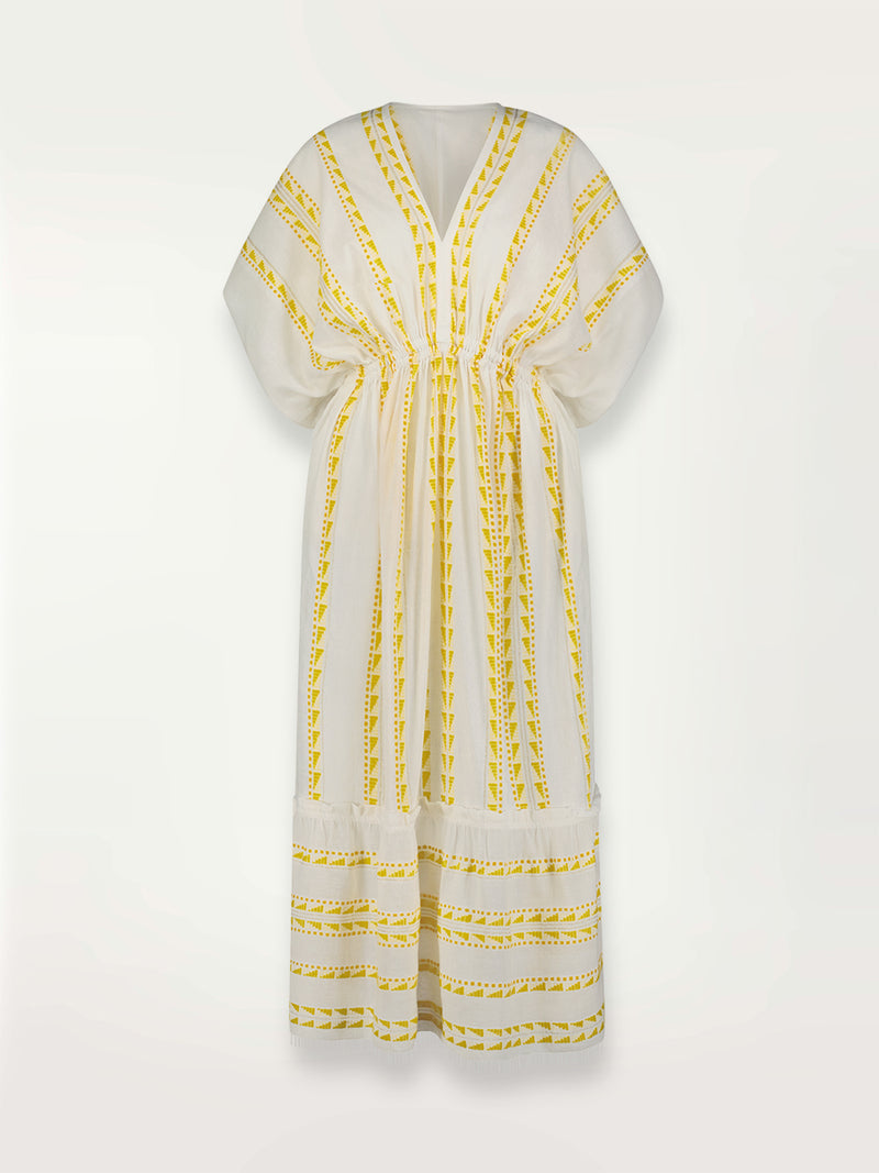 Product shot of the Abeba Plunge Neck Dress featuring the yellow signature Tibeb pattern and gold lurex highlights on a white background.