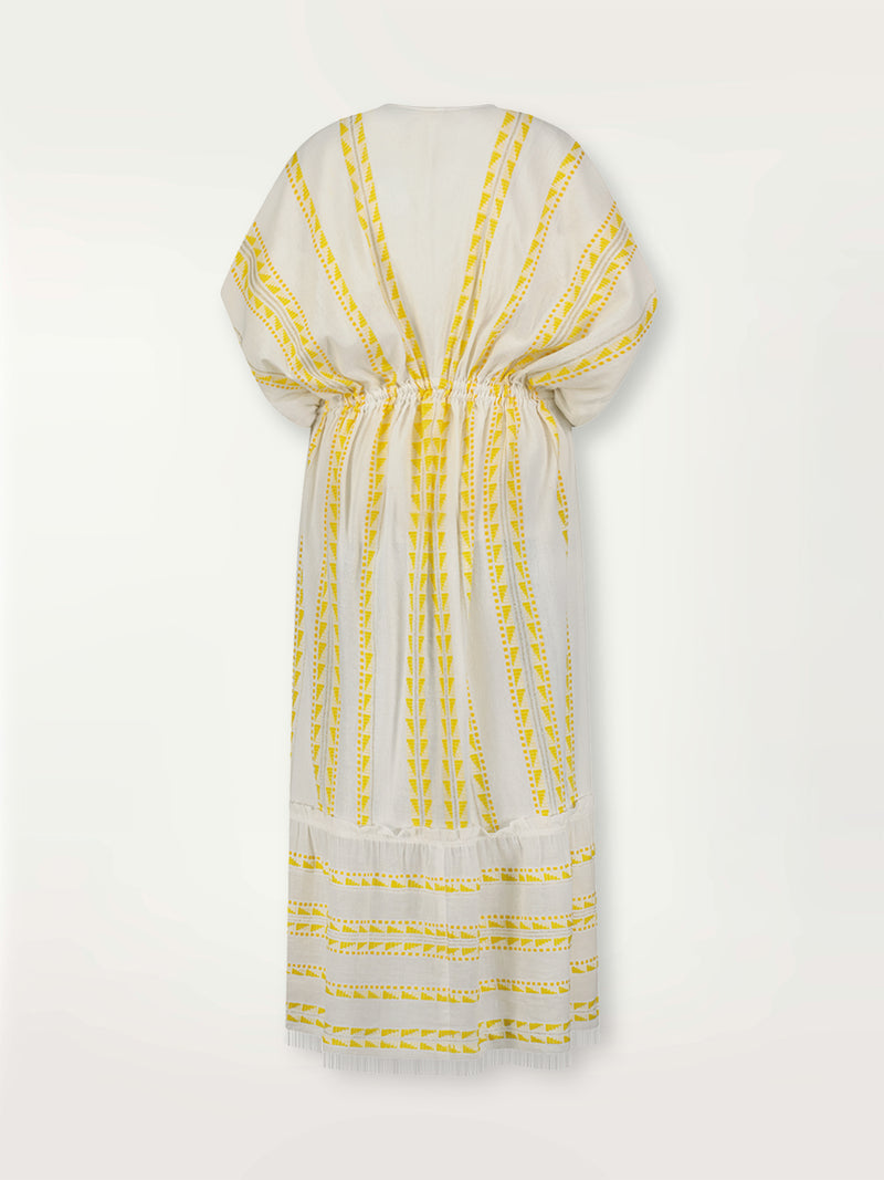 Product shot of the back the Abeba Plunge Neck Dress featuring the yellow signature Tibeb pattern and gold lurex highlights on a white background.
