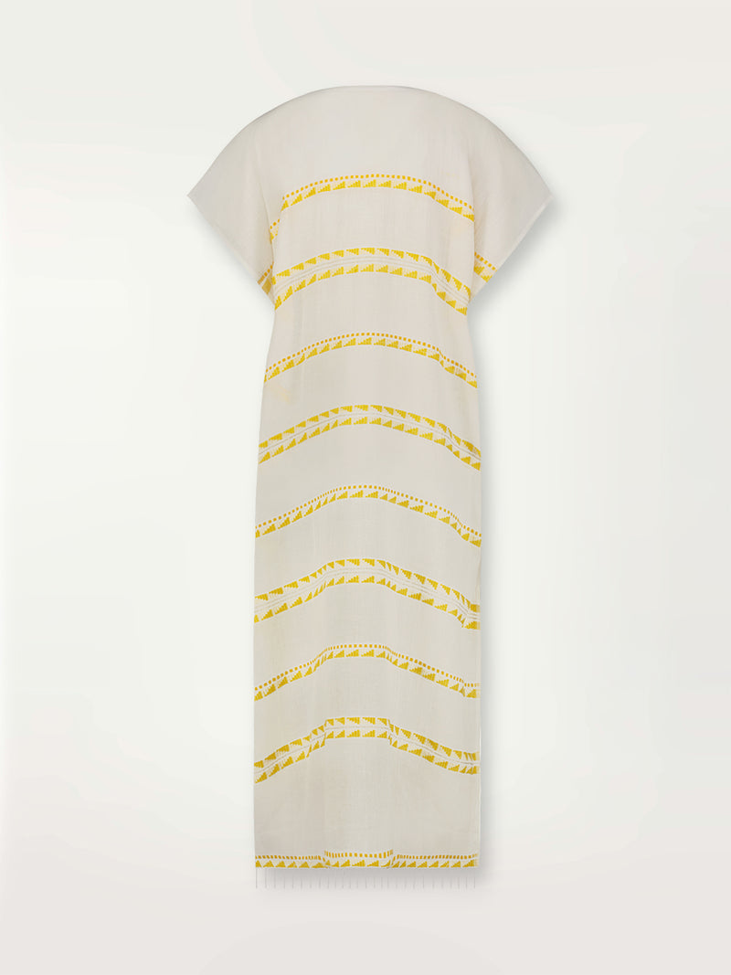 Product shot of the back of the Abeba Classic Caftan featuring the yellow signature Tibeb pattern and gold lurex highlights on a white background.