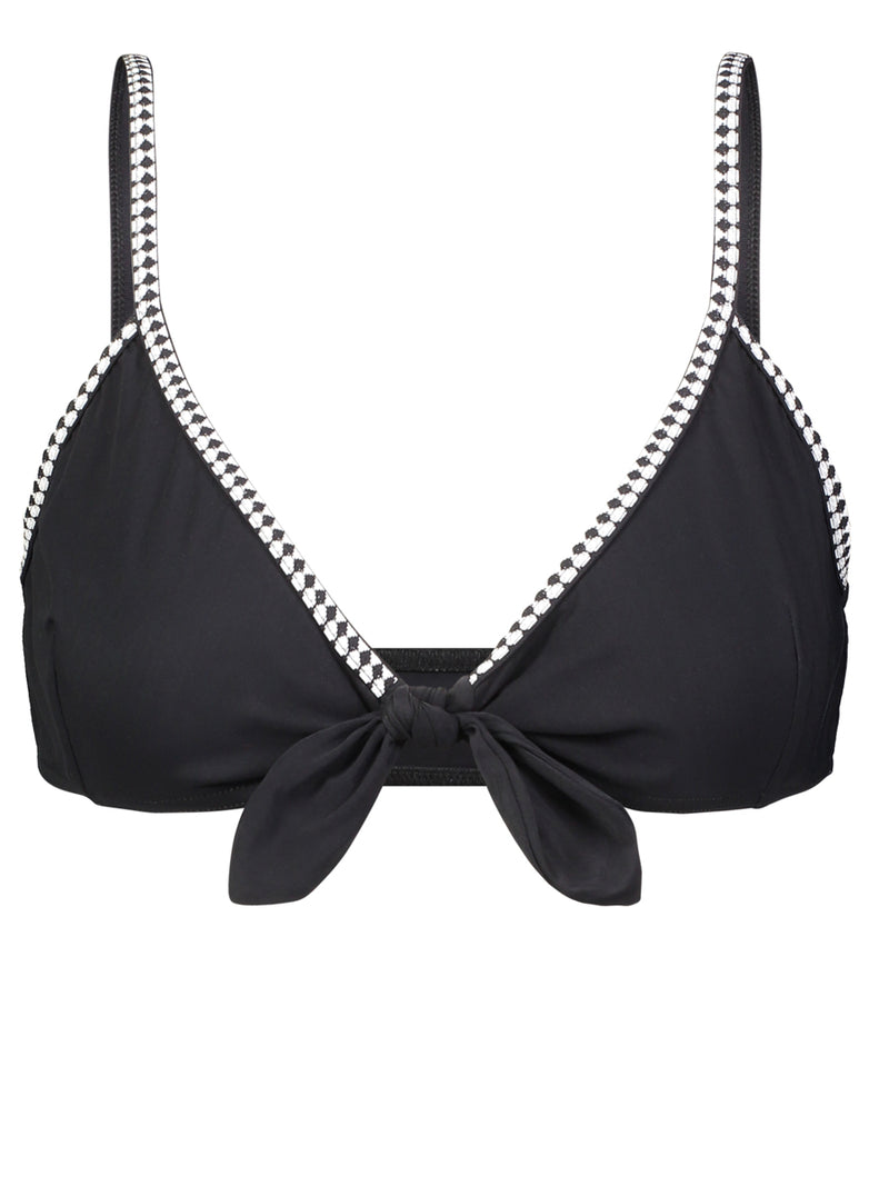 product-shot of the Sofia Side Tie Bikini top in black with graphic diamond trim