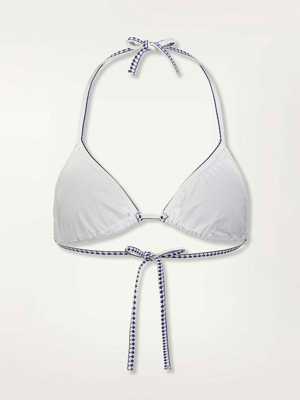 product shot of the back of white triangle top with graphic diamond trim